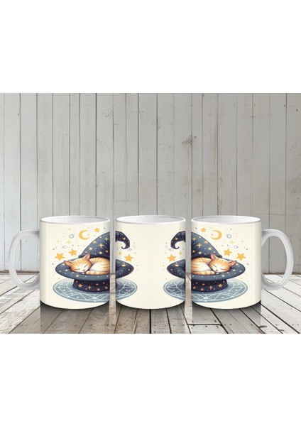 Cadı Şapkası ve Mum Işığı Figürlü Minimal Cadılar Bayramı Baskılı Kupa