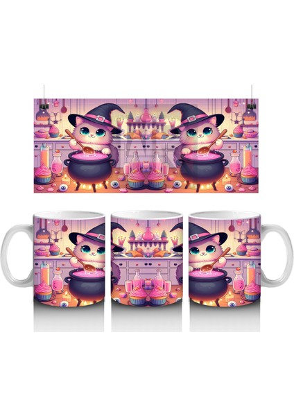 Sevimli Pembe Cadı Kız Figürlü Renkli Cadılar Bayramı Baskılı Kupa Bardak