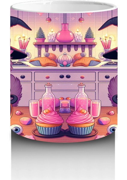 Sevimli Pembe Cadı Kız Figürlü Renkli Cadılar Bayramı Baskılı Kupa Bardak modelleri