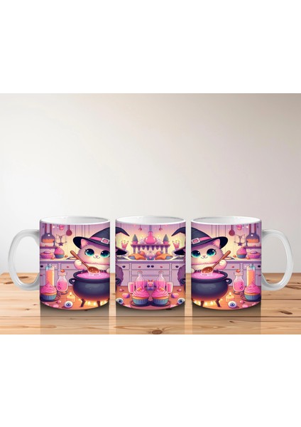 Sevimli Pembe Cadı Kız Figürlü Renkli Cadılar Bayramı Baskılı Kupa Bardak indirimleri