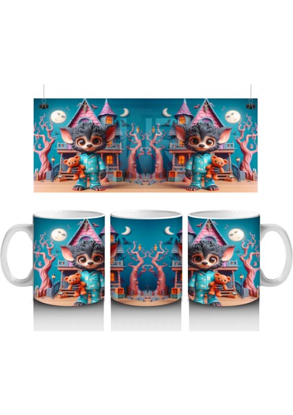 Renkli Kostümlü Sevimli Dinozor Figürlü Çocuklara Özel Cadılar Bayramı Baskılı Kupa Bardak