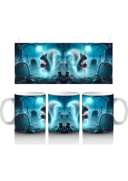 Buz Mavisi Alevler Arasında Dans Eden Hayalet Figürlü Cadılar Bayramı Baskılı Kupa Bardak