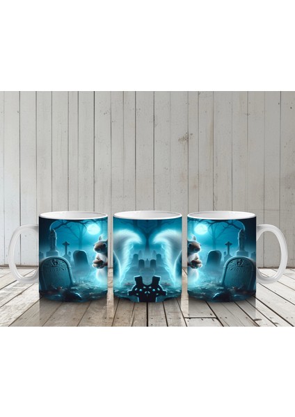 Buz Mavisi Alevler Arasında Dans Eden Hayalet Figürlü Cadılar Bayramı Baskılı Kupa Bardak