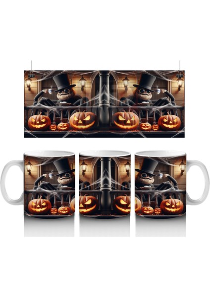 Balkabağı ve Baykuş Figürlü Gotik Cadı Temalı Cadılar Bayramı Baskılı Kupa