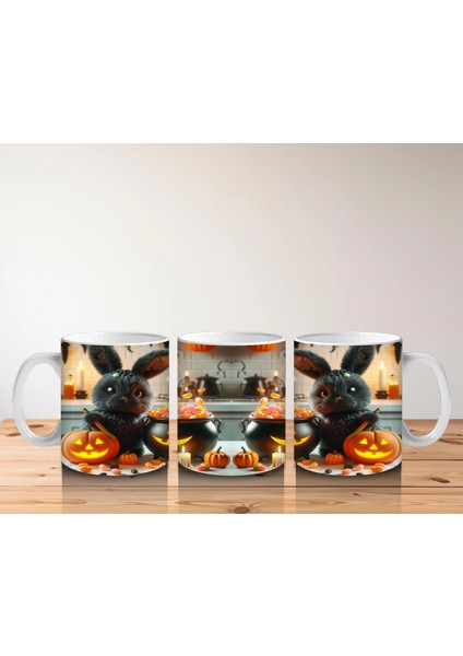 Korkmuş Kedi Figürlü Cadı Kostümlü Eğlenceli Cadılar Bayramı Baskılı Kupa Bardak indirimleri