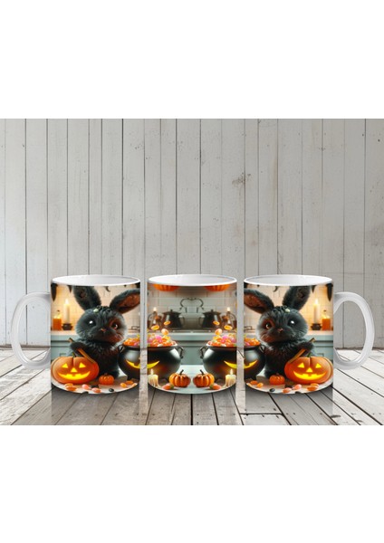 Korkmuş Kedi Figürlü Cadı Kostümlü Eğlenceli Cadılar Bayramı Baskılı Kupa Bardak