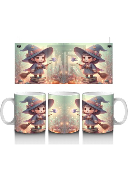 Büyü Kitabı Tutan Sevimli Cadı Kız Figürlü Çocuklara Özel Cadılar Bayramı Baskılı Kupa Bardak