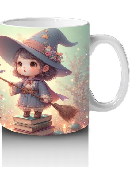 Büyü Kitabı Tutan Sevimli Cadı Kız Figürlü Çocuklara Özel Cadılar Bayramı Baskılı Kupa Bardak fırsatları