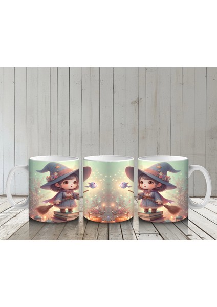 Büyü Kitabı Tutan Sevimli Cadı Kız Figürlü Çocuklara Özel Cadılar Bayramı Baskılı Kupa Bardak