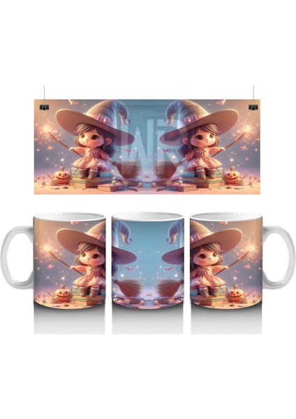 Sihirli Süpürgeli Tavşan Figürlü Sevimli Cadılar Bayramı Baskılı Kupa Bardak