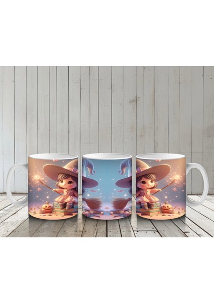 Sihirli Süpürgeli Tavşan Figürlü Sevimli Cadılar Bayramı Baskılı Kupa Bardak