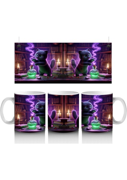 Iksir Kazanı Başında Yeşil Alevlerle Büyü Yapan Cadı Figürlü Cadılar Bayramı Baskılı Kupa Bardak