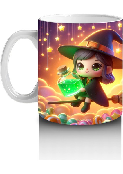 Şeker Sepetli Cadı Kız Figürlü Sevimli Cadılar Bayramı Baskılı Kupa fiyatları