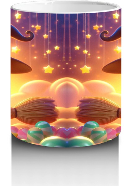 Şeker Sepetli Cadı Kız Figürlü Sevimli Cadılar Bayramı Baskılı Kupa modelleri