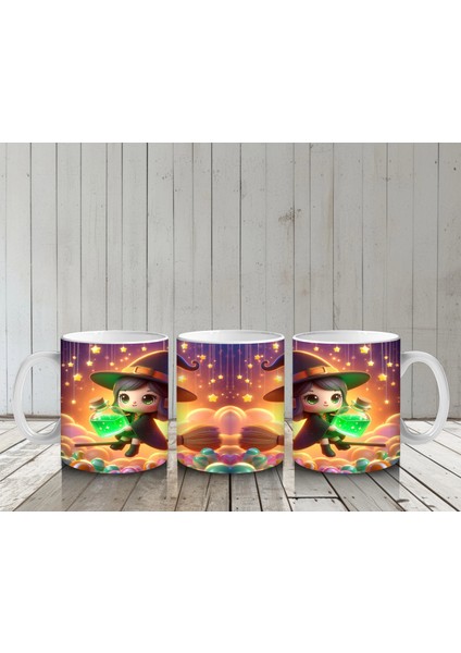 Şeker Sepetli Cadı Kız Figürlü Sevimli Cadılar Bayramı Baskılı Kupa