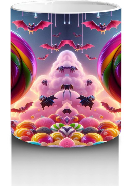 Neon Renkli Hayalet Figürlü Renkli Halka Içinde Cadılar Bayramı Baskılı Kupa Bardak modelleri