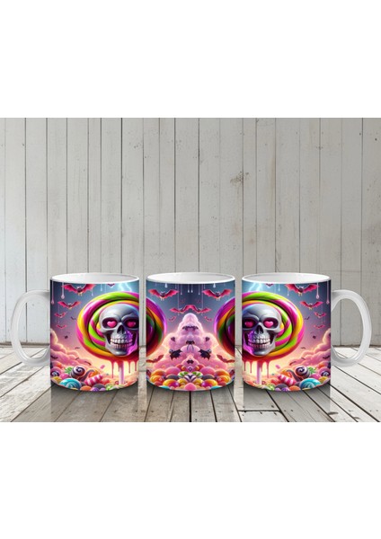 Neon Renkli Hayalet Figürlü Renkli Halka Içinde Cadılar Bayramı Baskılı Kupa Bardak