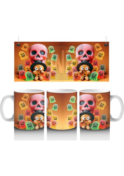 Şeker Sepetli Sevimli Canavar Figürlü Renkli Cadılar Bayramı Baskılı Kupa Bardak