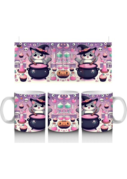 Pembe Arka Plan Üzerinde Sevimli Cadı Kız Figürlü Cadılar Bayramı Baskılı Kupa
