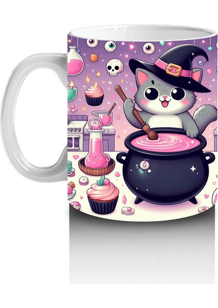 Pembe Arka Plan Üzerinde Sevimli Cadı Kız Figürlü Cadılar Bayramı Baskılı Kupa fiyatları