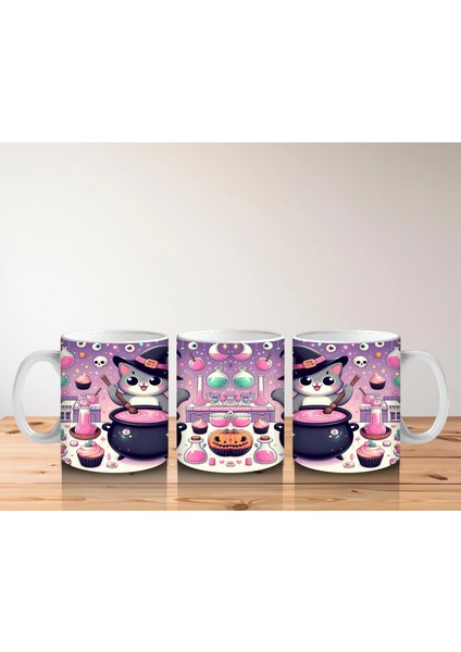 Pembe Arka Plan Üzerinde Sevimli Cadı Kız Figürlü Cadılar Bayramı Baskılı Kupa indirimleri