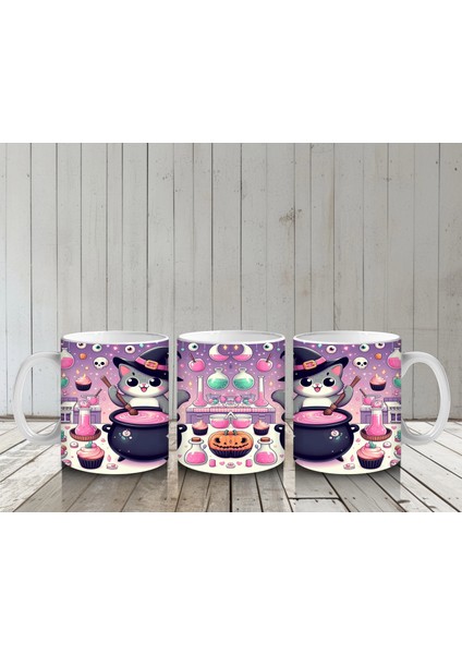 Pembe Arka Plan Üzerinde Sevimli Cadı Kız Figürlü Cadılar Bayramı Baskılı Kupa