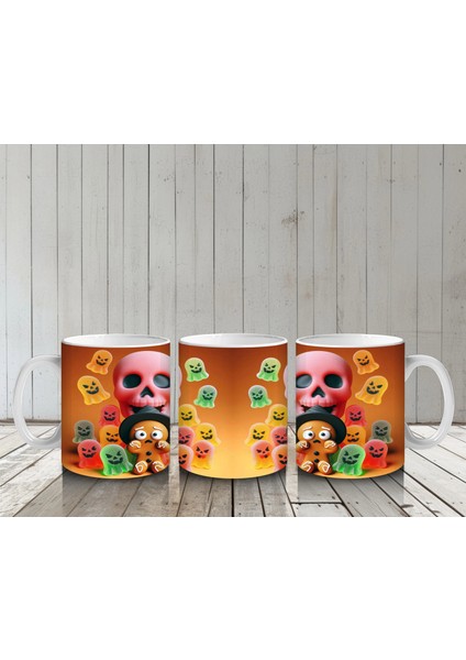 Şeker Sepetli Sevimli Canavar Figürlü Renkli Cadılar Bayramı Baskılı Kupa Bardak