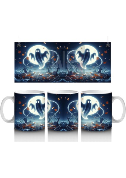 Dolunay Önünde Uçan Hayalet Figürlü Gotik Cadılar Bayramı Baskılı Kupa Bardak