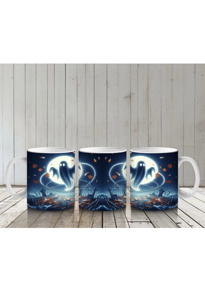 Dolunay Önünde Uçan Hayalet Figürlü Gotik Cadılar Bayramı Baskılı Kupa Bardak