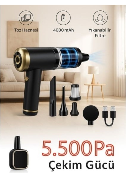 Mini Çok Fonksiyonlu Üflemeli ve Süpürmeli Şarjlı Ev ve Araç Süpürgesi El Süpürgesi 55000 Pa