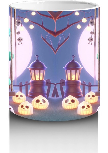 Ay Işığında Şeker Sepetli Zombi Çocuk Figürlü Eğlenceli Cadılar Bayramı Baskılı Kupa Bardak modelleri