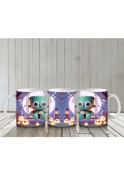 Ay Işığında Şeker Sepetli Zombi Çocuk Figürlü Eğlenceli Cadılar Bayramı Baskılı Kupa Bardak