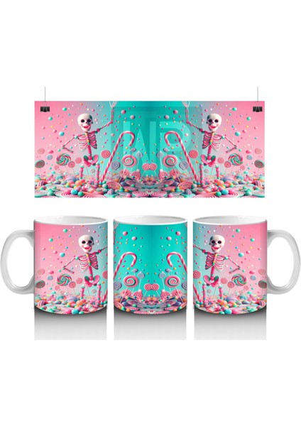 Pembe Arka Plan Üzerinde Şeker Dolu Külah Figürlü Cadılar Bayramı Baskılı Kupa Bardak