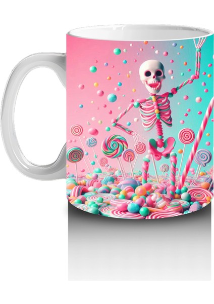 Pembe Arka Plan Üzerinde Şeker Dolu Külah Figürlü Cadılar Bayramı Baskılı Kupa Bardak fiyatları