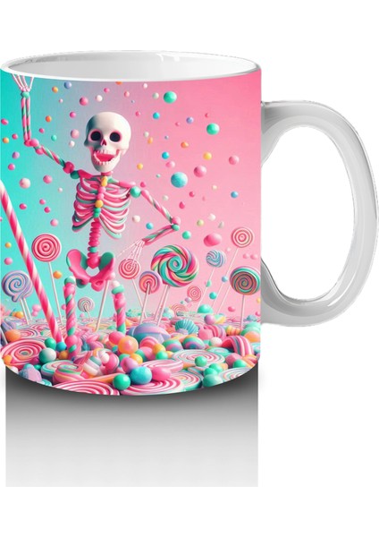 Pembe Arka Plan Üzerinde Şeker Dolu Külah Figürlü Cadılar Bayramı Baskılı Kupa Bardak fırsatları