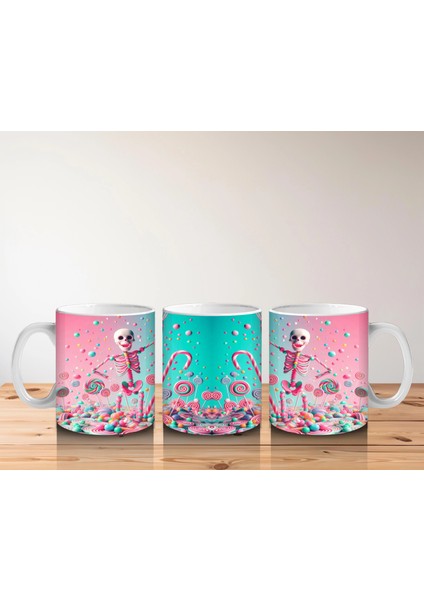 Pembe Arka Plan Üzerinde Şeker Dolu Külah Figürlü Cadılar Bayramı Baskılı Kupa Bardak indirimleri