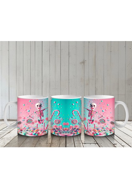 Pembe Arka Plan Üzerinde Şeker Dolu Külah Figürlü Cadılar Bayramı Baskılı Kupa Bardak