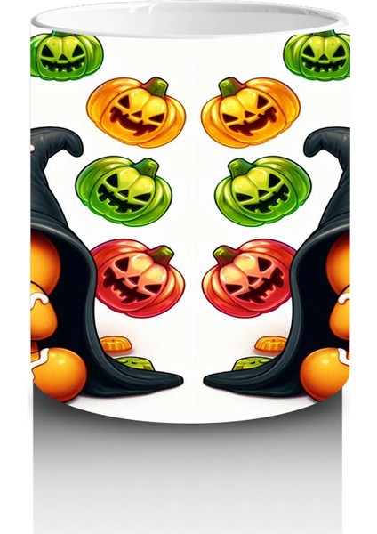 Şeker Sepetli Cadı ve Balkabağı Figürlü Sevimli Cadılar Bayramı Baskılı Kupa modelleri