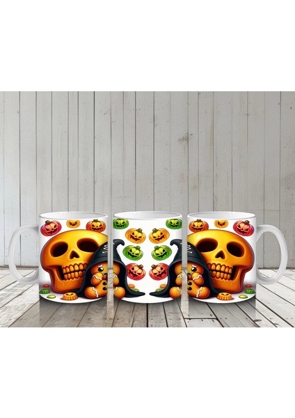 Şeker Sepetli Cadı ve Balkabağı Figürlü Sevimli Cadılar Bayramı Baskılı Kupa