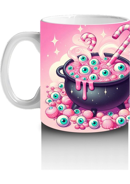 Pembe Arka Plan Üzerinde Şeker Dolu Cadı Kazanı Figürlü Cadılar Bayramı Baskılı Kupa Bardak fiyatları