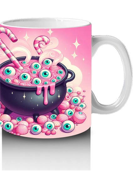Pembe Arka Plan Üzerinde Şeker Dolu Cadı Kazanı Figürlü Cadılar Bayramı Baskılı Kupa Bardak fırsatları