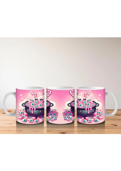 Pembe Arka Plan Üzerinde Şeker Dolu Cadı Kazanı Figürlü Cadılar Bayramı Baskılı Kupa Bardak indirimleri