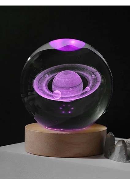 3D Satürn Kristal Küre Lamba – USB Li LED Işıklı Ahşap Standlı Dekoratif Masa Lambası Rgb LED
