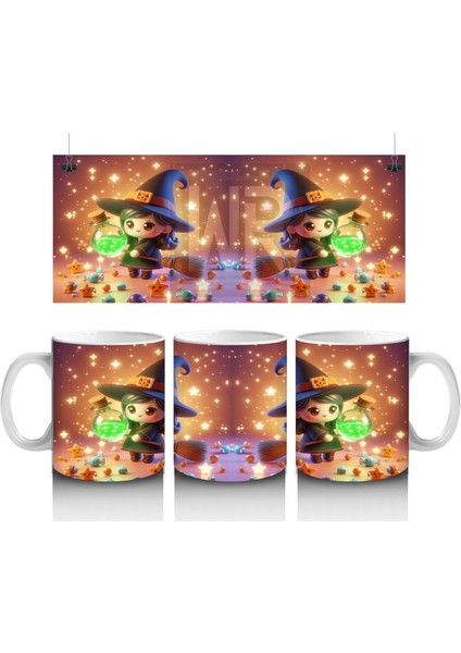 Sevimli Cadı Kız ve Şeker Sepeti Figürlü Renkli Cadılar Bayramı Baskılı Kupa Bardak