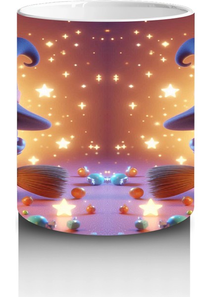 Sevimli Cadı Kız ve Şeker Sepeti Figürlü Renkli Cadılar Bayramı Baskılı Kupa Bardak modelleri