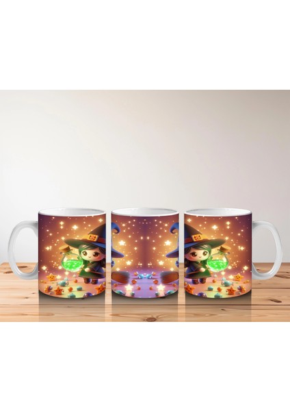 Sevimli Cadı Kız ve Şeker Sepeti Figürlü Renkli Cadılar Bayramı Baskılı Kupa Bardak indirimleri