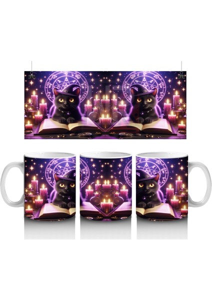 Mor Işıklı Büyü Sahnesinde Kitap Okuyan Cadı Figürlü Cadılar Bayramı Baskılı Kupa Bardak