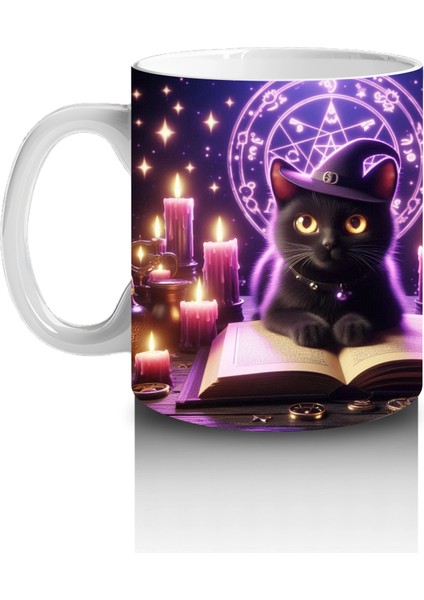 Mor Işıklı Büyü Sahnesinde Kitap Okuyan Cadı Figürlü Cadılar Bayramı Baskılı Kupa Bardak fiyatları