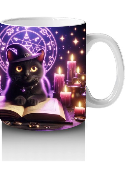 Mor Işıklı Büyü Sahnesinde Kitap Okuyan Cadı Figürlü Cadılar Bayramı Baskılı Kupa Bardak fırsatları