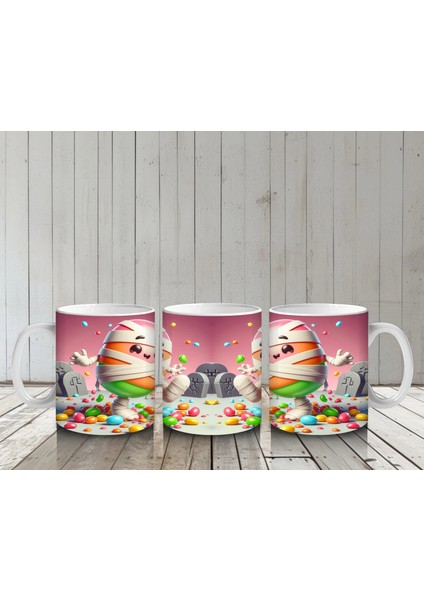 Yumurta Kafalı Canavar Figürlü Pembe Cadılar Bayramı Baskılı Kupa